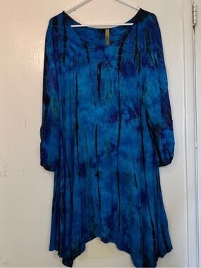 Pure Intent Boho Tie Dye Sharkbite Tunic Dress Plus Size 3XL Blue Whimsigoth